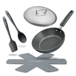 MASTERPAN Ceramic Nonstick Stovetop Oven Frypan & Skillet with Stainless Steel Lid & Utensils, Grey 9.5" (24cm)