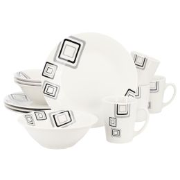 Gibson Home Black Squares 12 Piece Round Fine Ceramic Dinnerware Set in White