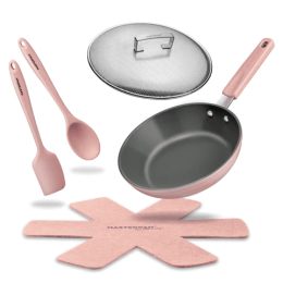 MASTERPAN Ceramic Nonstick Stovetop Oven Frypan & Skillet & Stainless Steel Lid Set, Clay Color 9.5"(24cm)