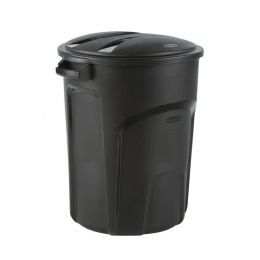 32-Gallon Black Plastic Indoor Outdoor Trash Can with Lid - Made in USA