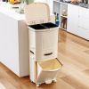 12-Gallon Elevated Trash Can Recycle Bin with Lid on Wheels in Cream